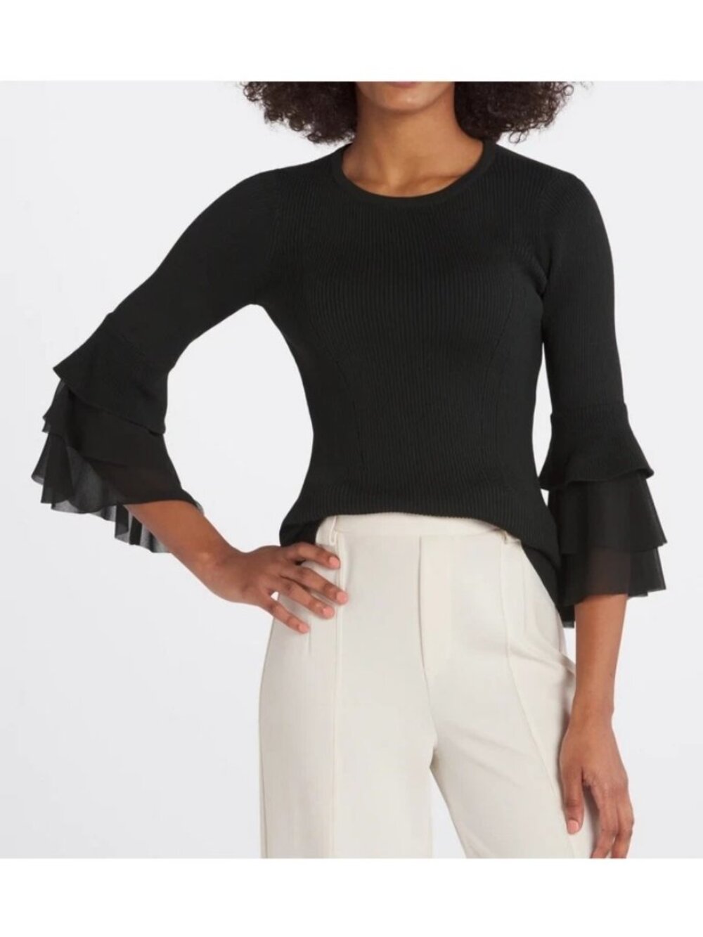 Design History XXL Black Ribbed Knit Top Tiered Ruffle Bell Sleeve Blouse Dressy - Picture 6 of 8